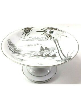 Kutani China Japan Pedestal Compote Bowl Tazza Hand Painted Silver Mt Fuji Bambo